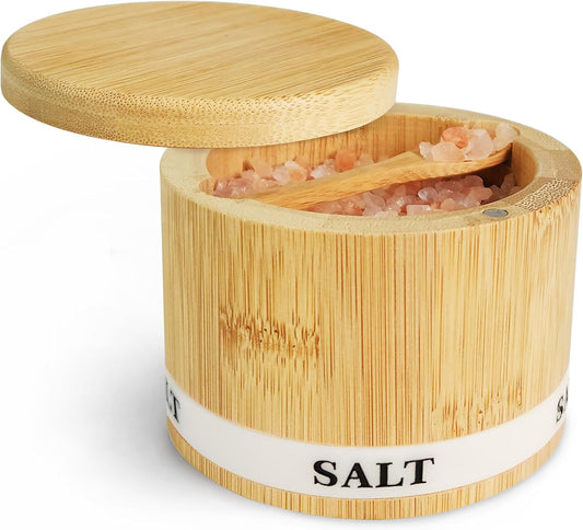 Salt and Pepper Bowls Bamboo Pepper Salt Box with Swivel Lid and Spoon 2 Piece Set Salt and Pepper Cellar to Easily Open and Seal with 2 Spoon Storage Spice Pepper Salt Container