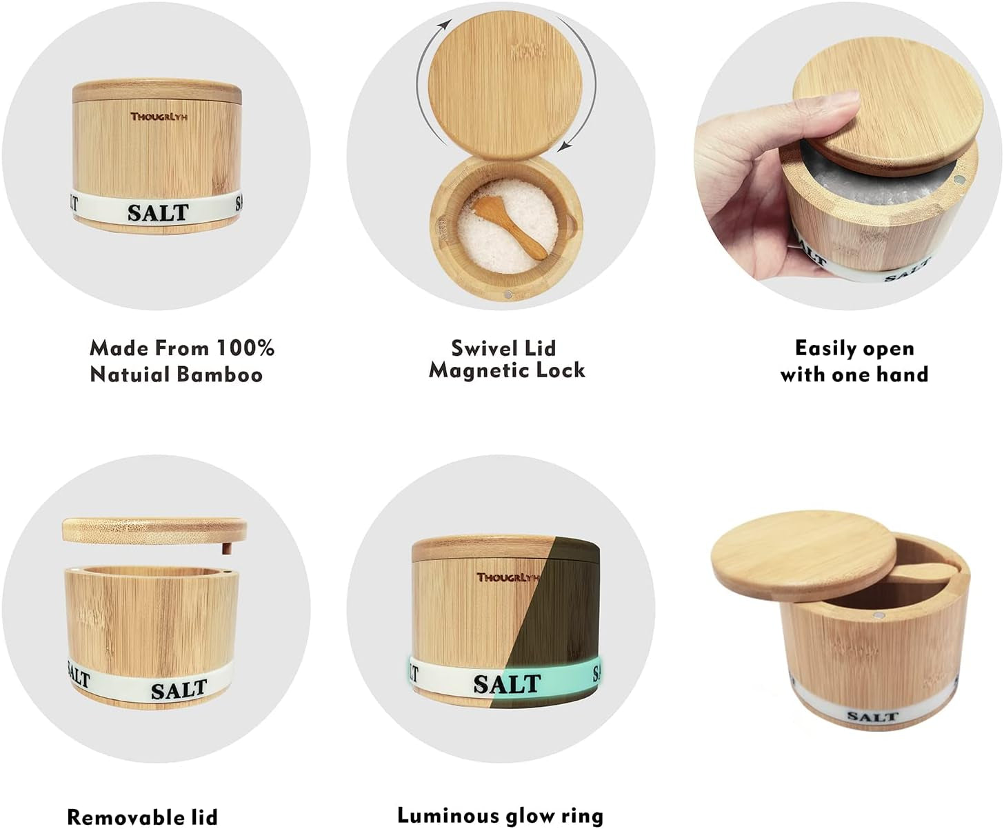 Salt and Pepper Bowls Bamboo Pepper Salt Box with Swivel Lid and Spoon 2 Piece Set Salt and Pepper Cellar to Easily Open and Seal with 2 Spoon Storage Spice Pepper Salt Container